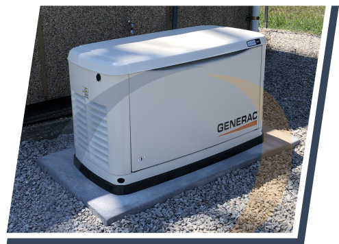 a white Generac generator sits on a concrete slab next to an exterior wall