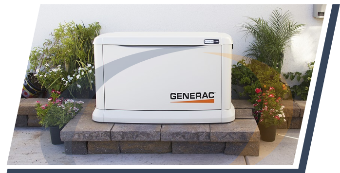 A Generac generator shown on a brick landing with plants all around the unit