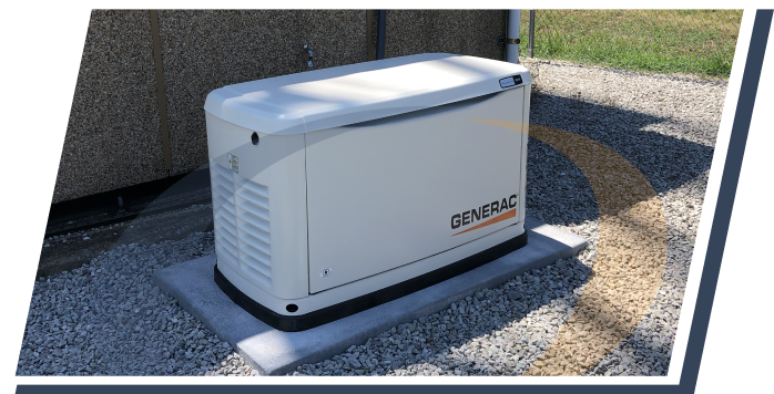 a generator from Generac against a rough brown wall outside a store